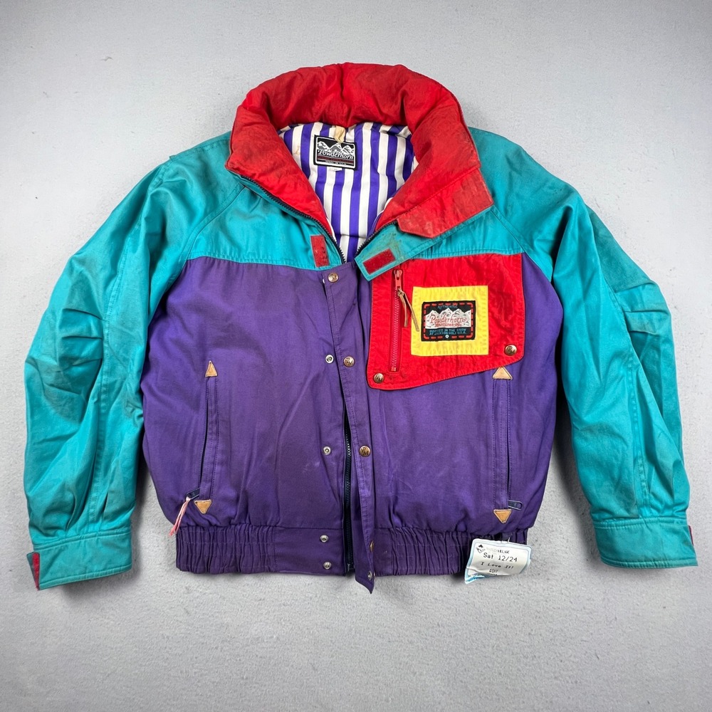 Powderhorn Goose Down Jacket Mens ML Purple Teal Colors Vintage 80s Puffer USA